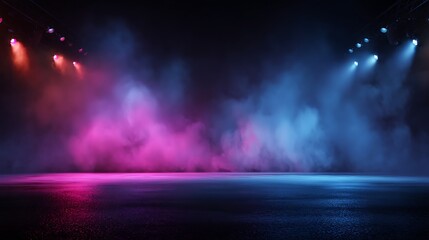 Fototapete - The dark stage shows, empty dark blue, purple, pink background, neon light, spotlights, the asphalt floor and studio room with smoke float up the interior texture for display products