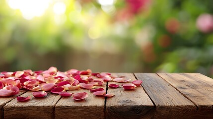 Poster - Table wood top with rose petals on blur bokeh background, rose petals on wooden background, for display or montage you products