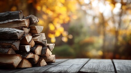 Poster - Stack of firewood, grey wooden table autumn, blurred background