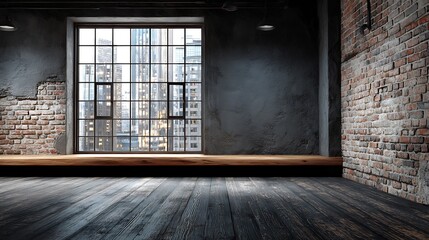 Aufkleber - Spacious floor to ceiling window on concrete wall with wooden sill, stylish loft industrial interior with brick and dark background, ideal for adding text