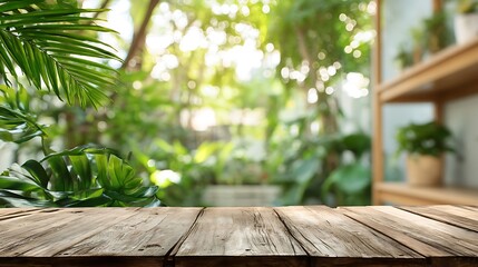 Aufkleber - Selective focus, wood table top with livingroom and greeny leaves, foliage of tropical garden, contemporary of kitchen or ivingroom, interiors background