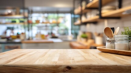 Poster - Selective focus, wood table top counter island and blur kitchen room background