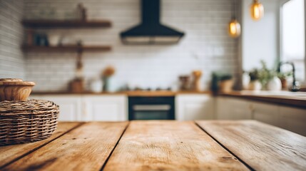 Poster - Selective focus, wood table top counter island and blur kitchen room background