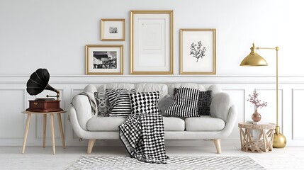 Poster - Scandinavian white room with design sofa, bookstand with accents, pillows, blanket, gramophone, and mock up picture frames is chic and inviting, white walls and a contemporary triangular lamp