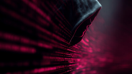 Hooded figure against pink-lit code, suggesting digital anonymity or hacking, symbolic of cybersecurity, data privacy, or online secrecy