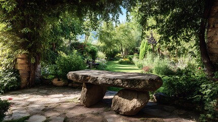 Poster - Rustic elegance in nature, empty stone table in beautiful garden providing stunning background for design and display perfect for summer relaxation