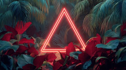Poster - Red triangle neon light, tropical jungle floral background