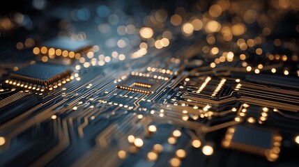 Fototapete - Printed circuit board, abstract technological background made of different element printed circuit board, depth of field effect and bokeh can be used as digital dynamic wallpaper