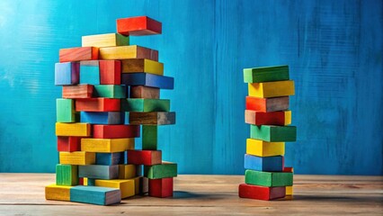 Poster - Colorful Wooden Blocks Create Two Distinct Structures on a Wooden Surface Against a Blue Background