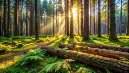 Poster - Serene Sunrise Illuminates Mossy Forest Floor with Sunbeams Filtering Through Tall Trees and Fallen Logs
