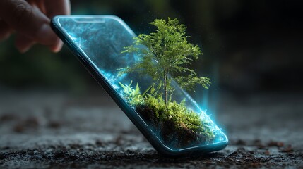 Leinwandbilder - Nature growing from smartphone, concept of futuristic environmental protection with modern technology
