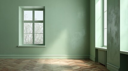 Poster - Monochrome pastel sage green empty room with window in modern house, wall scene mockup for showcase, textured painted wall copyspace