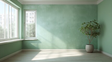 Poster - Monochrome pastel sage green empty room with window in modern house, wall scene mockup for showcase, textured painted wall copyspace