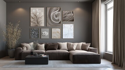 Poster - Modern poster gallery in a sophisticated grey living room with a brown corner sofa