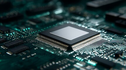 Fototapete - Modern microchip on computer motherboard as processor technology concept