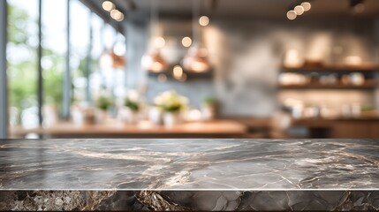 Poster - Modern empty dark marble table top or kitchen island on blurry bokeh kitchen room interior background, for montage product display