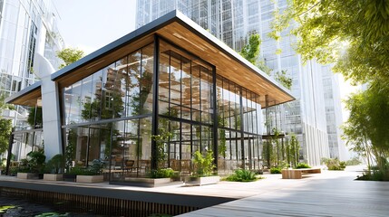 Fototapete - Modern environmentally friendly building, sustainable glass office with wood to reduce carbon footprint, office surrounded by greenery, corporate buildings reduce co2 emissions