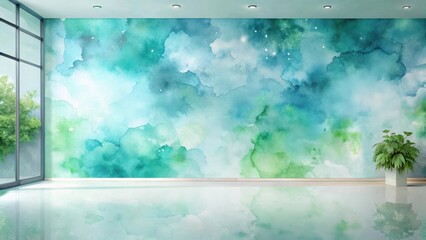 Aufkleber - Serene Aqua and Green Watercolor Wall Mural in Modern Interior Space with Reflective Floor and Potted Plant