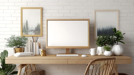 Aufkleber - Mockup horizontal landscape frame, study home workspace room, wooden desktop and computer interior elegant furnishing, white colors