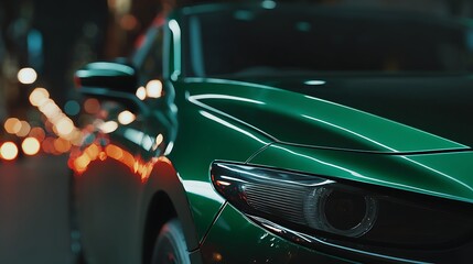 Poster - Minimal copy space, edge of green car, close up bokeh photoshoot for dark background product advertising