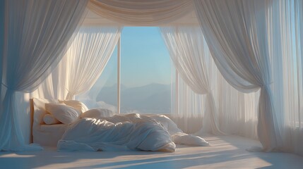 Aufkleber - Luxurious indoor lifestyle an elegant home with a white unmade bed and sunny white curtain backdrop