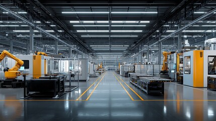 Aufkleber - Industry 4, 0 smart factory interior showcases advanced automation, machinery, and robotics in a futuristic industrial setting