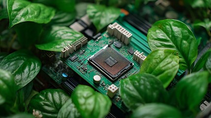 Leinwandbilder - Green power, close, up of processor motherboard with green leaves