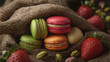 © Selvam - Three colorful macarons nestled in a cloth with pistachios and fresh strawberries scattered around them. Concept Macarons Display, Colorful Pastry, Rustic Presentation, Fresh Ingredients