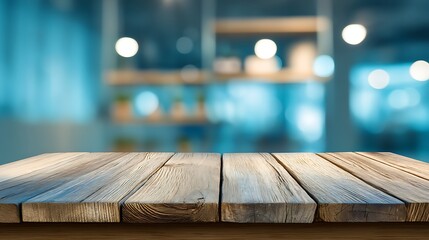 Poster - Wooden or stage counter top for product distlay showcase template with blur office space bokeh background in blue color tone