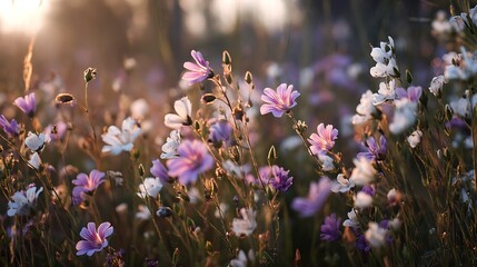 Poster - Wildflowers in sunset light, blooming spring meadow