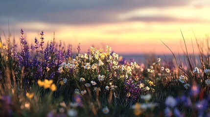 Poster - Wildflowers in sunset light, blooming spring meadow