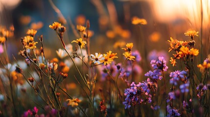 Poster - Wildflowers in sunset light, blooming spring meadow