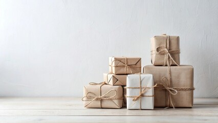 Poster - A collection of simply wrapped presents arranged on a light wooden surface against a neutral backdrop