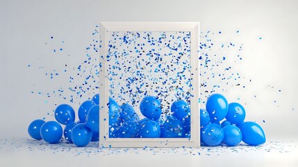 Poster - White frame on white background with blue balloons and confetti