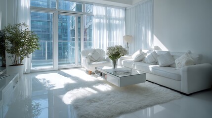 Aufkleber - White contemporary living room interior home design creativity material and space organize house beautiful ideas concept living room with natural sunlight cosy comfort interior space background