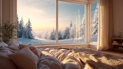 Aufkleber - Warm bedroom with window with midwinter view