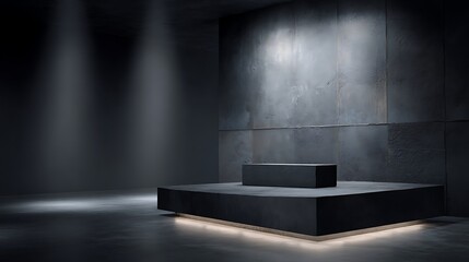 Poster - Wall with stage for product display on dark background, dark stone podium, minimalism style