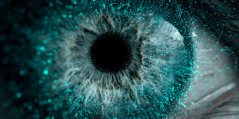 Close-up of human iris with teal digital network overlay, showing intricate detail and connection, symbolizing technology, data, and human interface