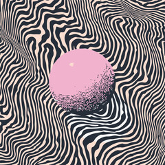 Aufkleber - Vector illustration with a cream pink sphere on a dynamic black and white wavy striped background. Optical illusion effect creates a modern, striking, and vibrant abstract visual.