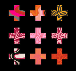 Aufkleber - Vector illustration featuring cross shapes, each filled with different colorful and wavy abstract patterns in vibrant hues, against a black background. Perfect for modern, playful, creative design 