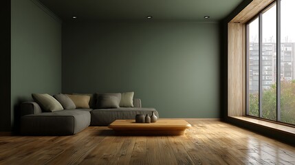 Fototapete - View from the side of a living room with a dark interior and an empty green wall, a large window, a sofa, a coffee table, and an oak hardwood floor, minimalistic style, room for original thought