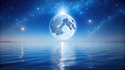 Poster - Celestial Orb Over Tranquil Waters A Serene Nighttime Seascape with a Glowing Moon and Distant Stars Reflecting on the Calm Ocean Surface