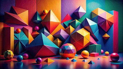 Aufkleber - Vibrant Abstract Composition Featuring Multifaceted Geometric Shapes and Spheres in a Bold and Colorful Arrangement