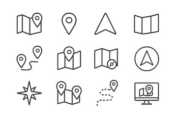 Wall Mural - vector icon collection featuring various map symbols, directions, and location markers for navigatio