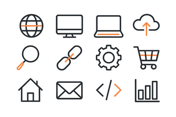 Wall Mural - vector icons illustrating various digital elements including cloud storage, devices, and ecommerce s