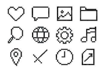 Wall Mural - vector icon set featuring heart, speech bubble, image, folder, and other symbols in pixel art style
