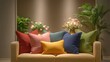 © AIMAN - Vibrant decor update cozy living room with colorful cushions indoor setting home styling warm ambiance