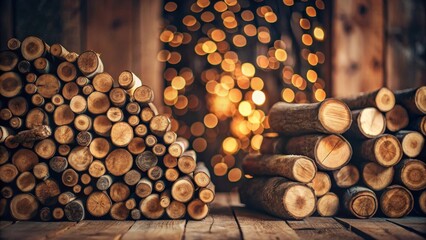 Aufkleber - Warmth and Cozy Atmosphere Rustic Wooden Logs Stacked Against a Blurred Festive Background