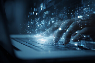Wall Mural - close-up of fingers typing on laptop keyboard, digital data streams emanating, showcasing fast-paced