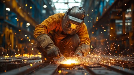 Poster - A skilled worker wearing protective gear concentrates on metalworking in a bustling industrial space dedicated to engineering and construction. Bright sparks illuminate the surroundings.